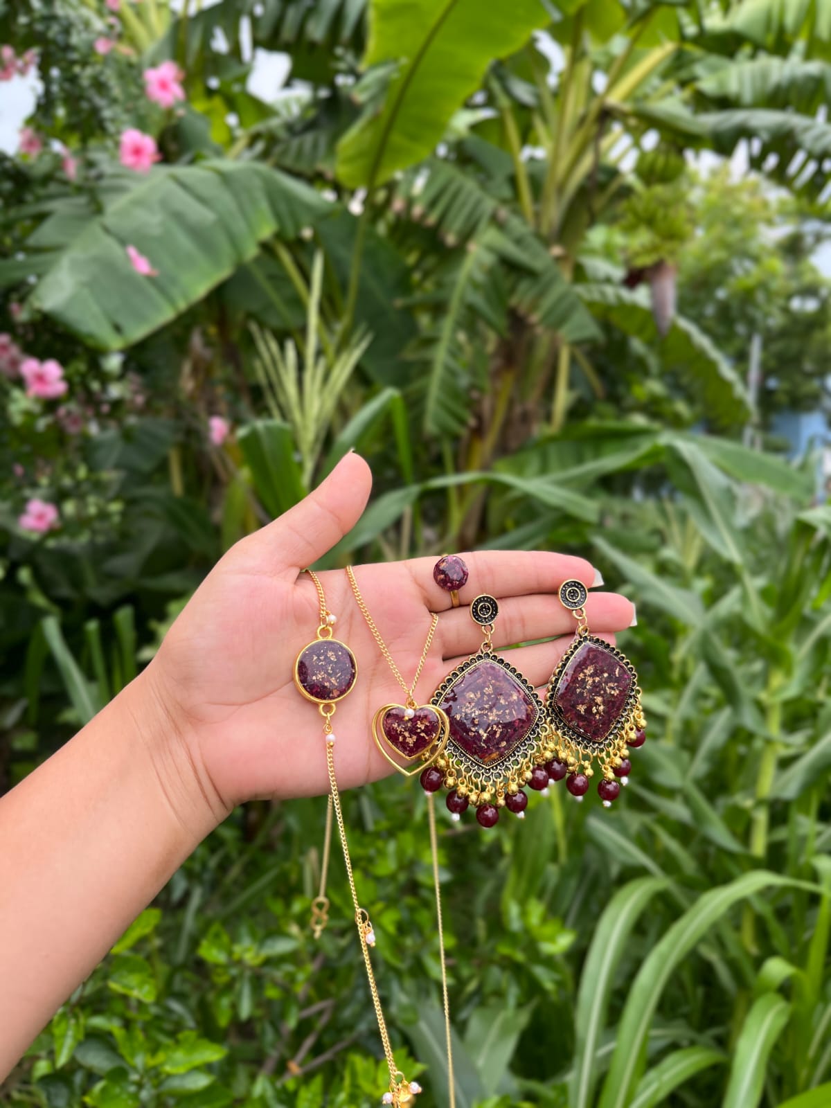 Royal Plum Gold-Flecked Resin Jewelry Set