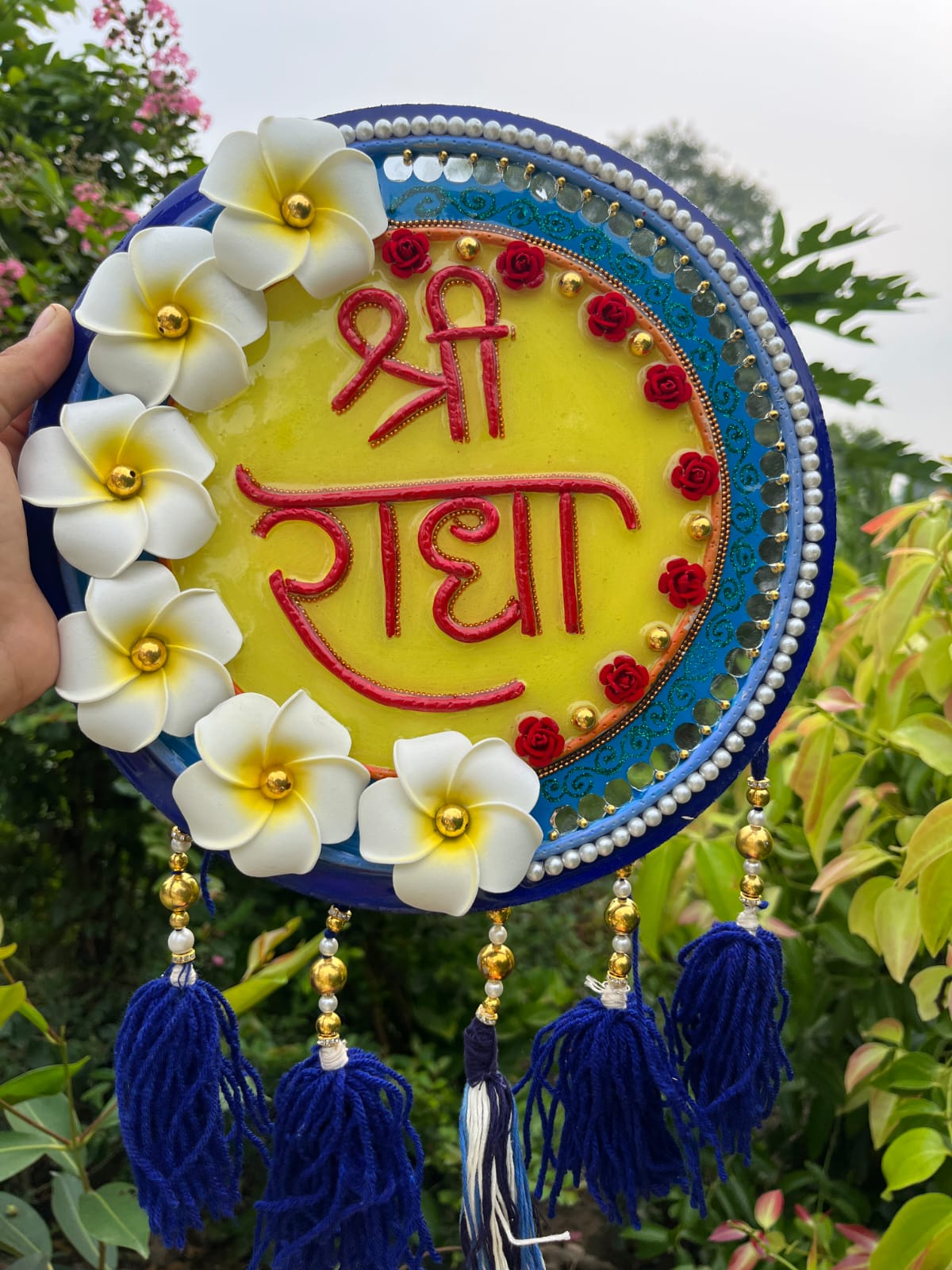 Plumeria & Blue "Shree Radha" Wall Hanging